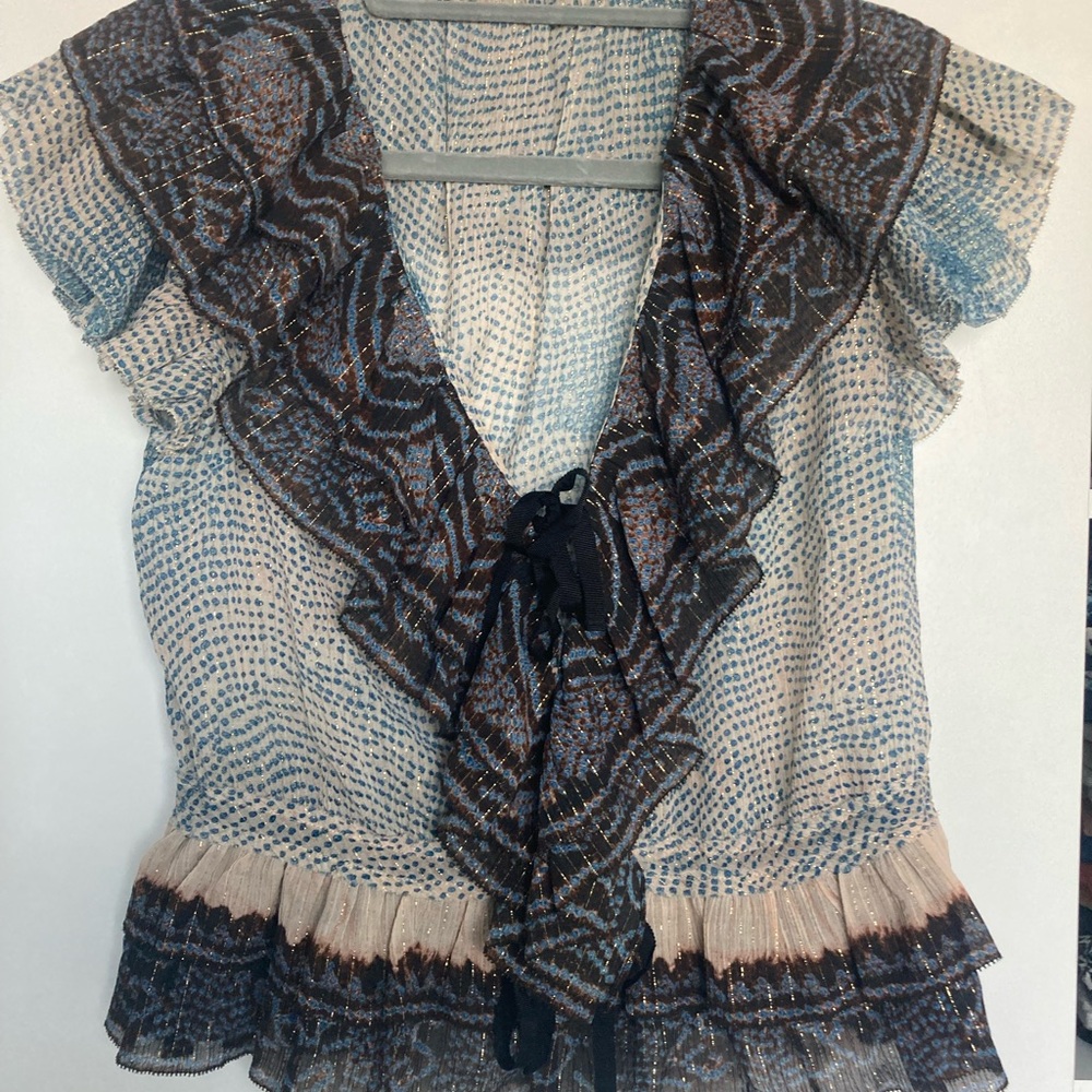 Ulla Johnson Blue, Brown and Cream Ruffled V-Neck Blouse